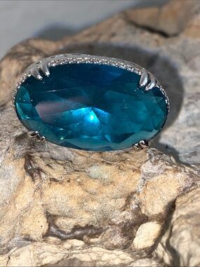 NEW Created Large Teal Blue Glass & CZ Silver Plated 925 RING